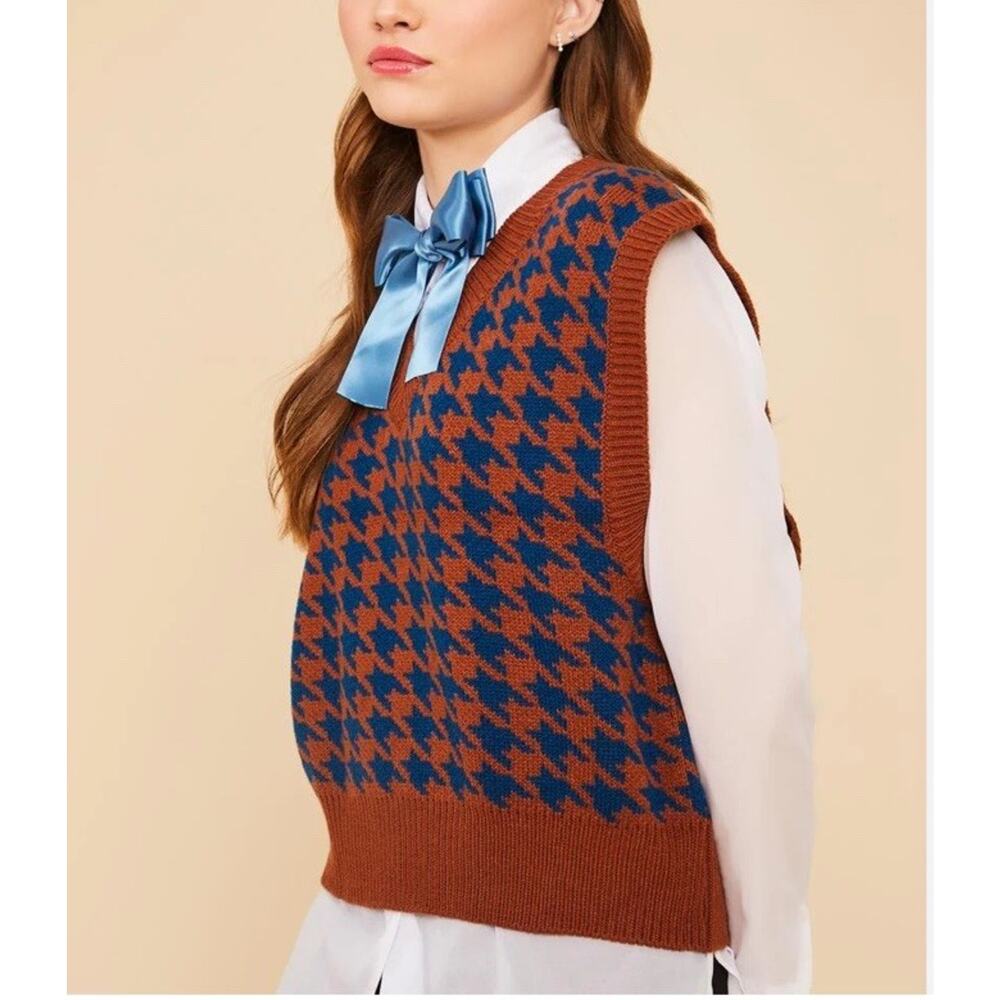 Neoity Sweater Vest Houndstooth One Size Brown Blue Eclectic Grandpa